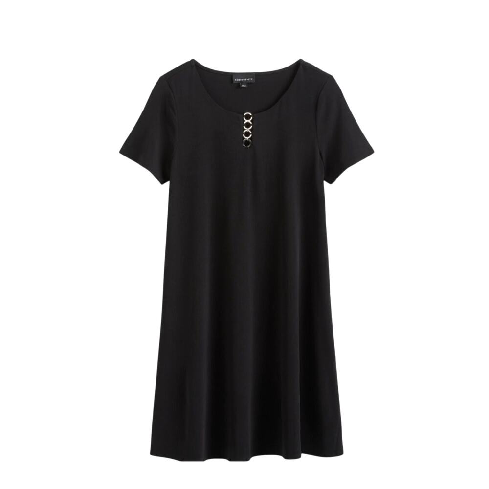 NWT Fortune & Ivy Adele black swing dress silver circle accent scoop neckline